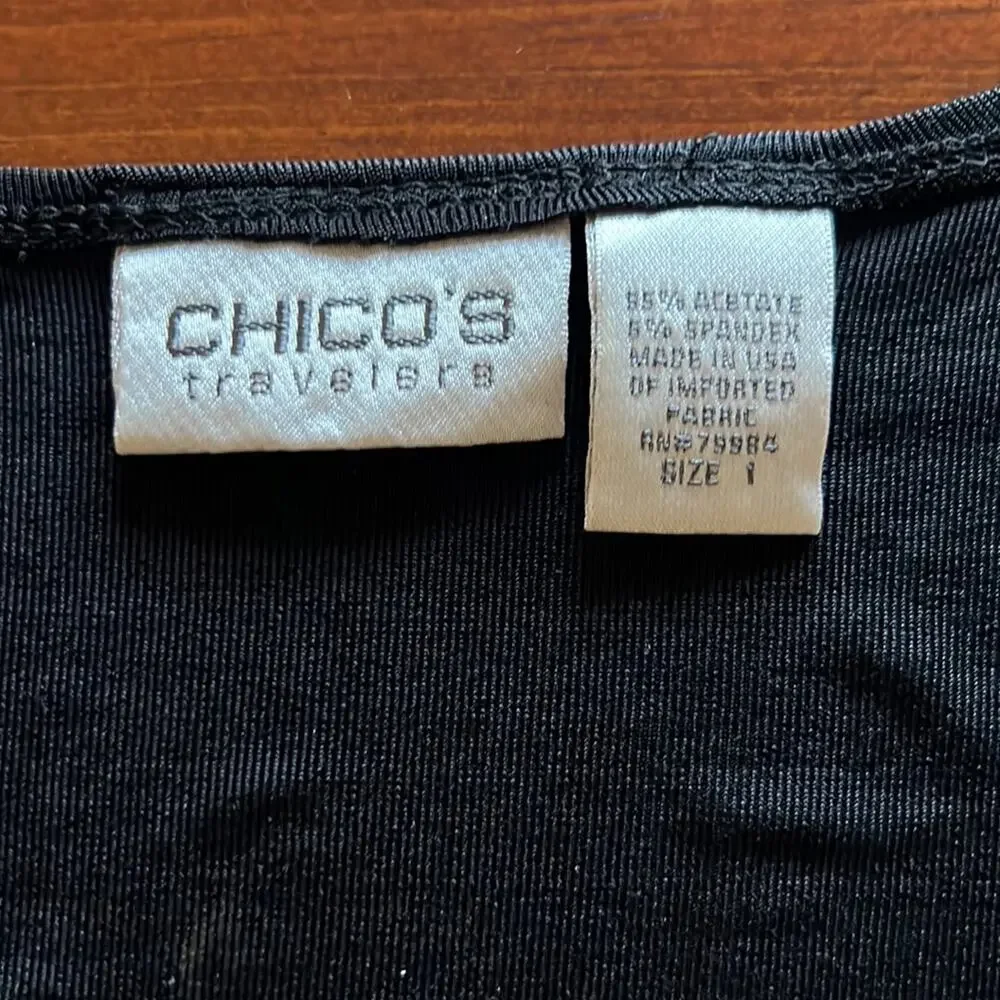 Chico’s Travelers 1  Black Layered Look Slinky Knit Top Blouse Woman Size 8